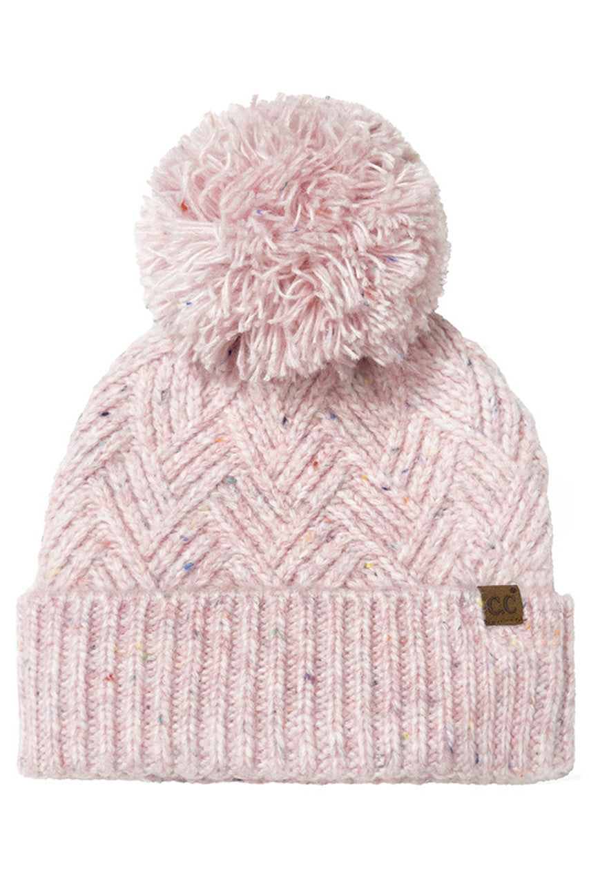 Pink C.C Criss-Cross Pattern Yarn Pom Beanie