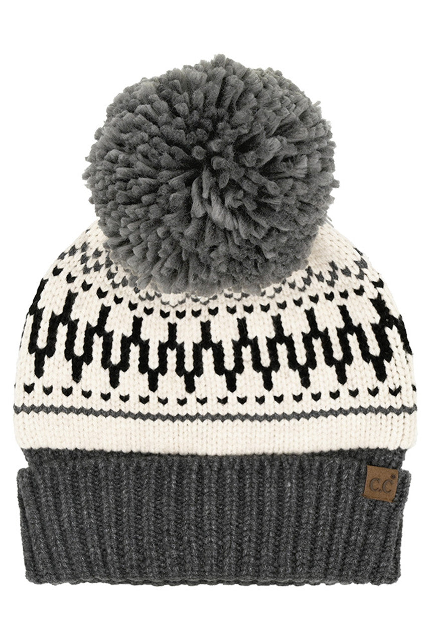 Gray C.C Fair Isle Pattern Yarn Pom Beanie