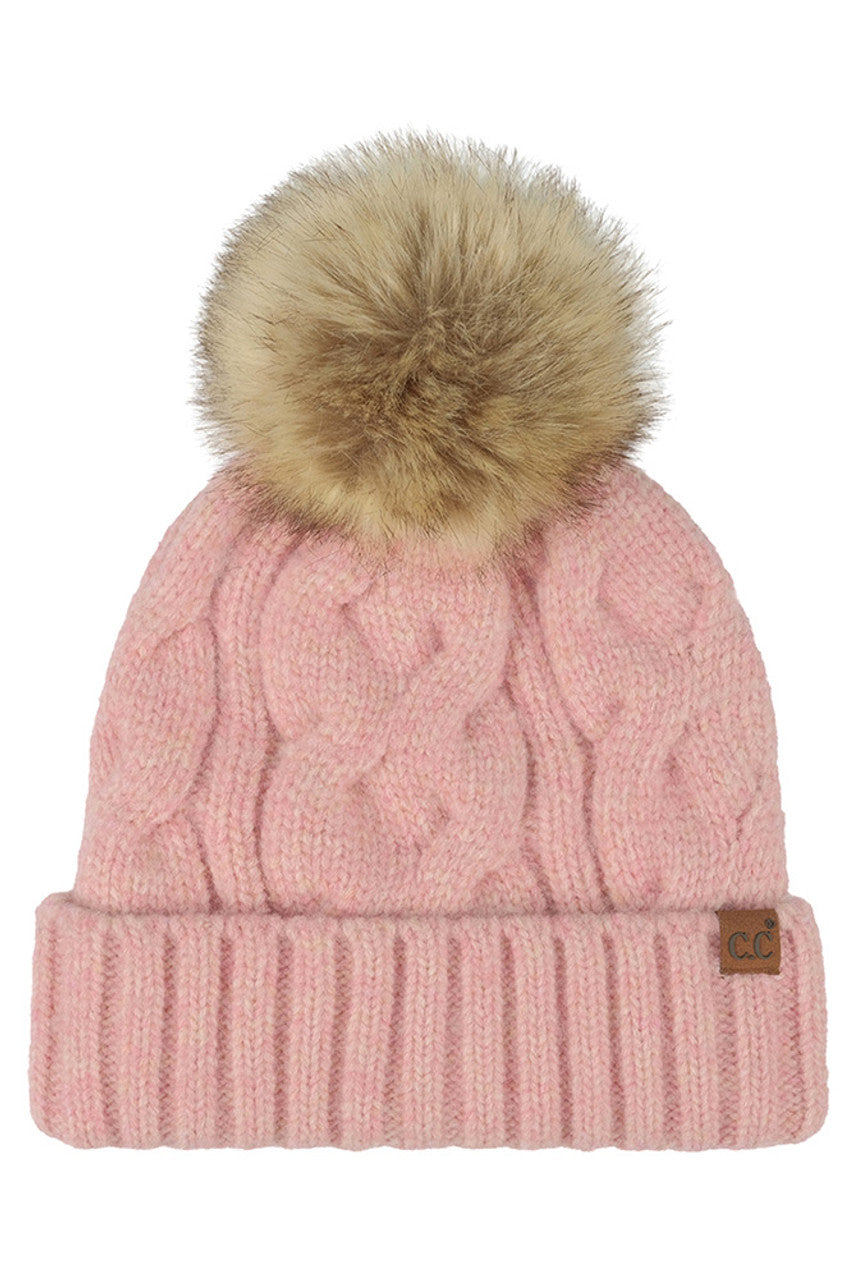 Rose C.C Solid Big Cable Pattern Knit Cuff Pom Beanie