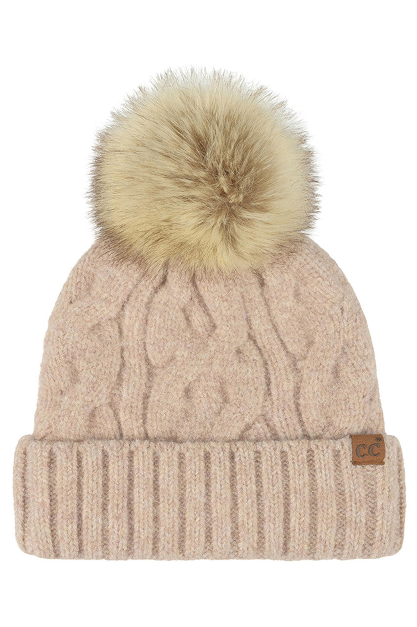 Taupe C.C Solid Big Cable Pattern Knit Cuff Pom Beanie