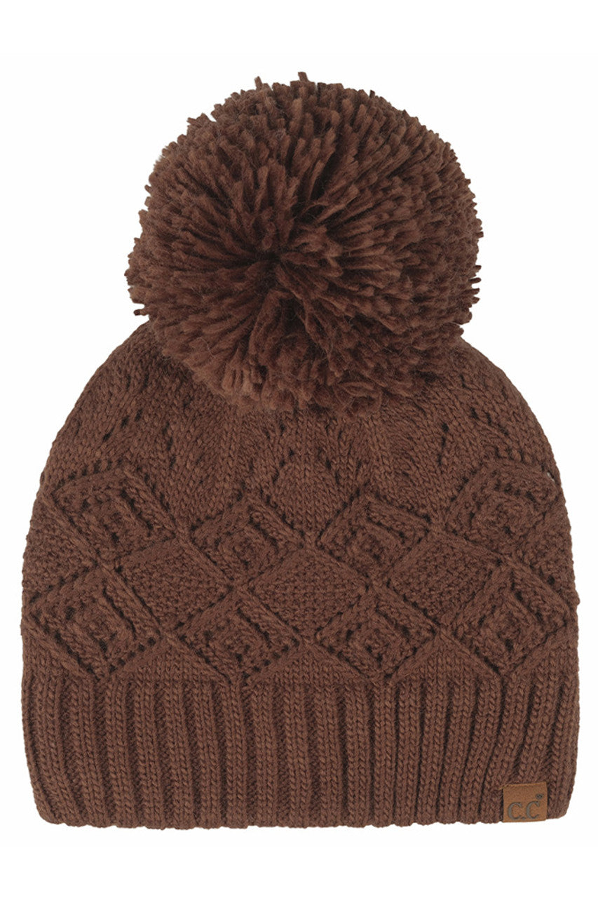 Brown C.C Diamond Lace Pattern Yarn Pom Solid Beanie