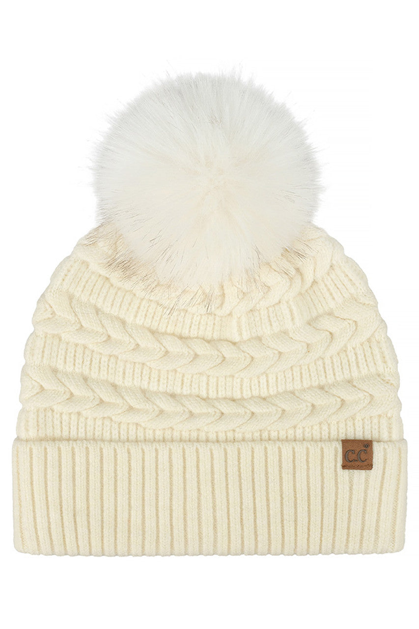Cream C.C Braided Pattern Faux Fur Pom Solid Beanie