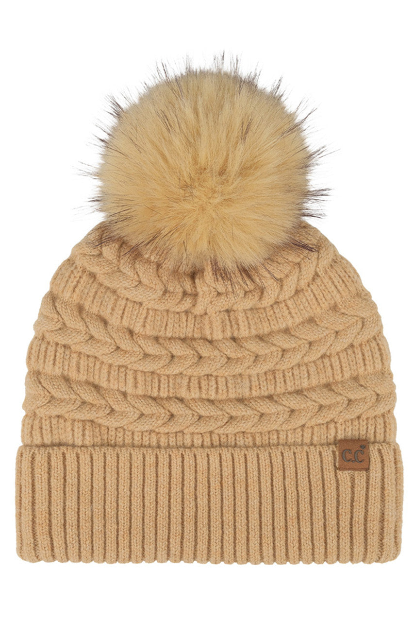 Latte C.C Braided Pattern Faux Fur Pom Solid Beanie