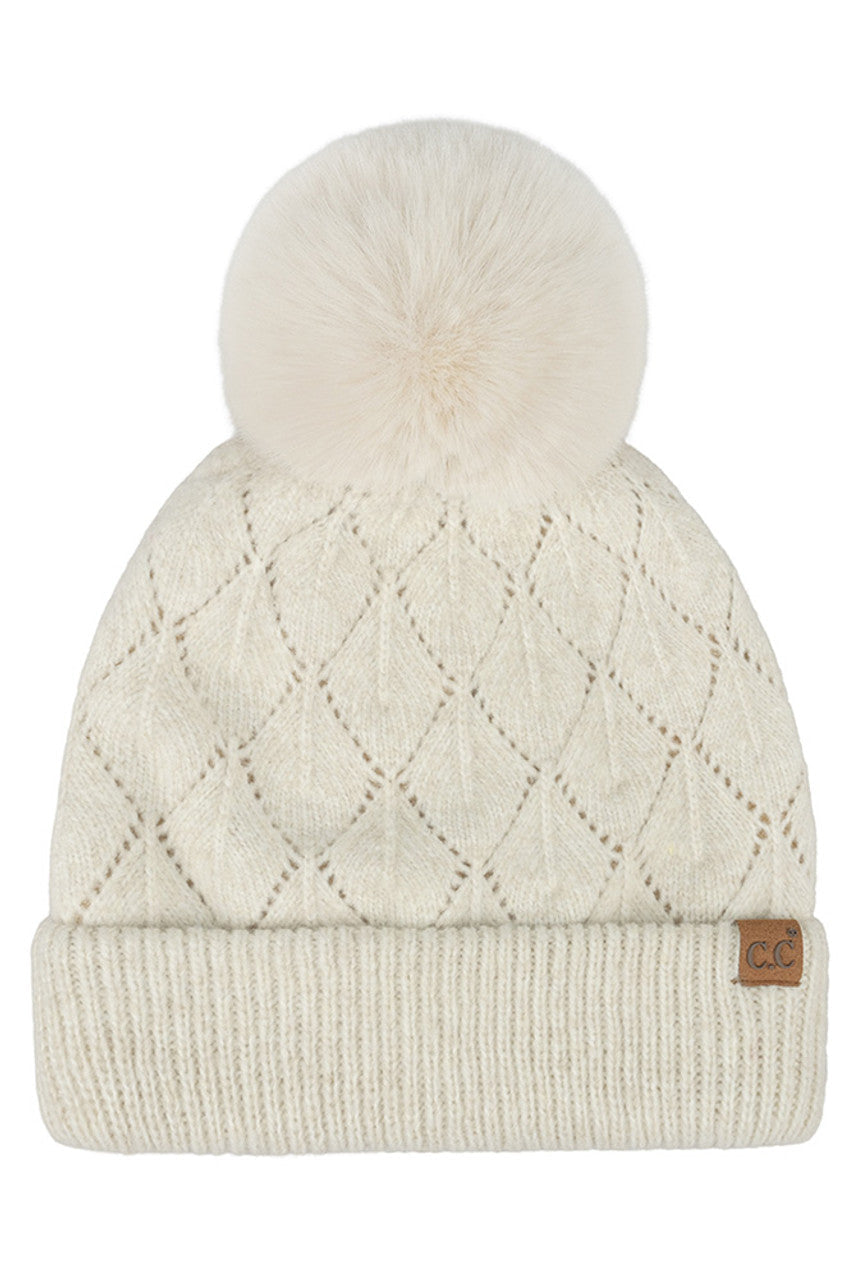 Beige C.C Leaf Pattern Faux Fur Pom Solid Beanie
