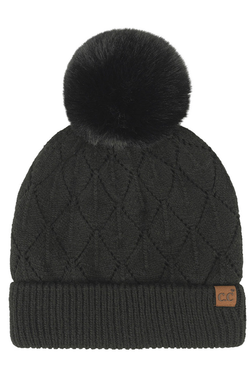Black C.C Leaf Pattern Faux Fur Pom Solid Beanie