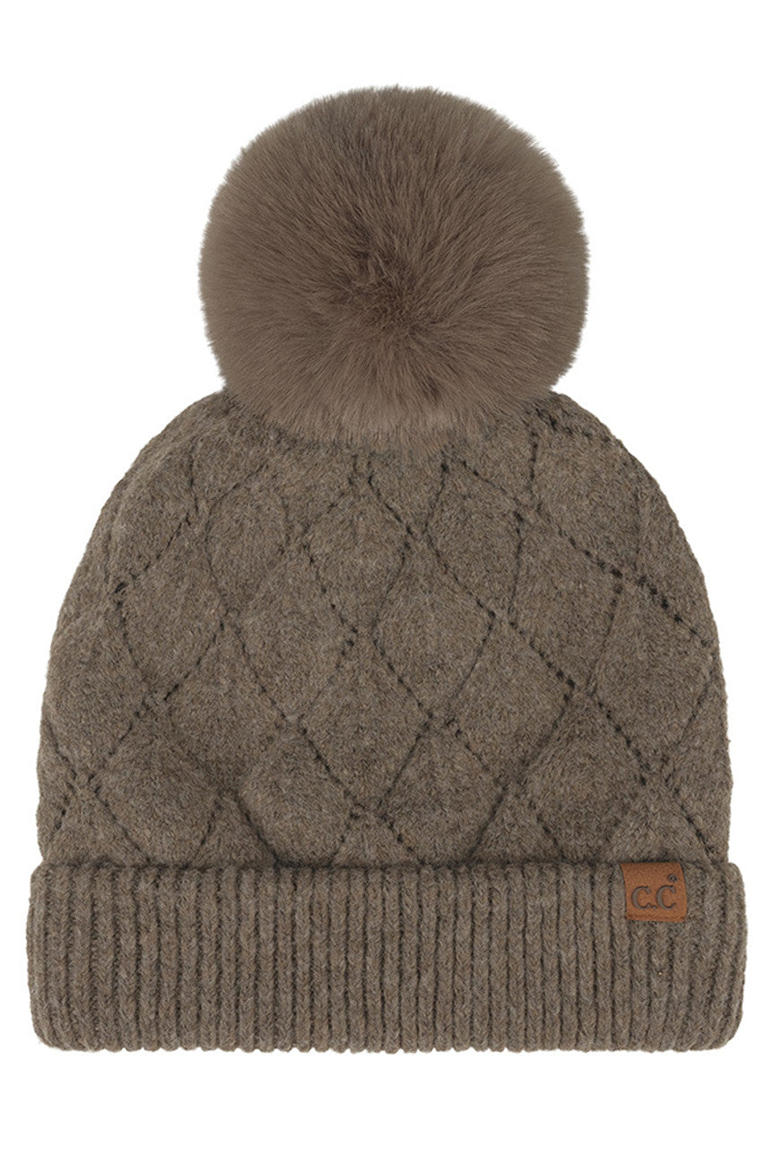 Brown C.C Leaf Pattern Faux Fur Pom Solid Beanie