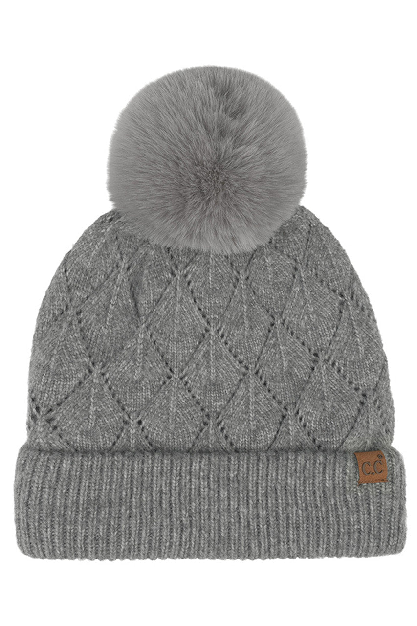 Gray C.C Leaf Pattern Faux Fur Pom Solid Beanie
