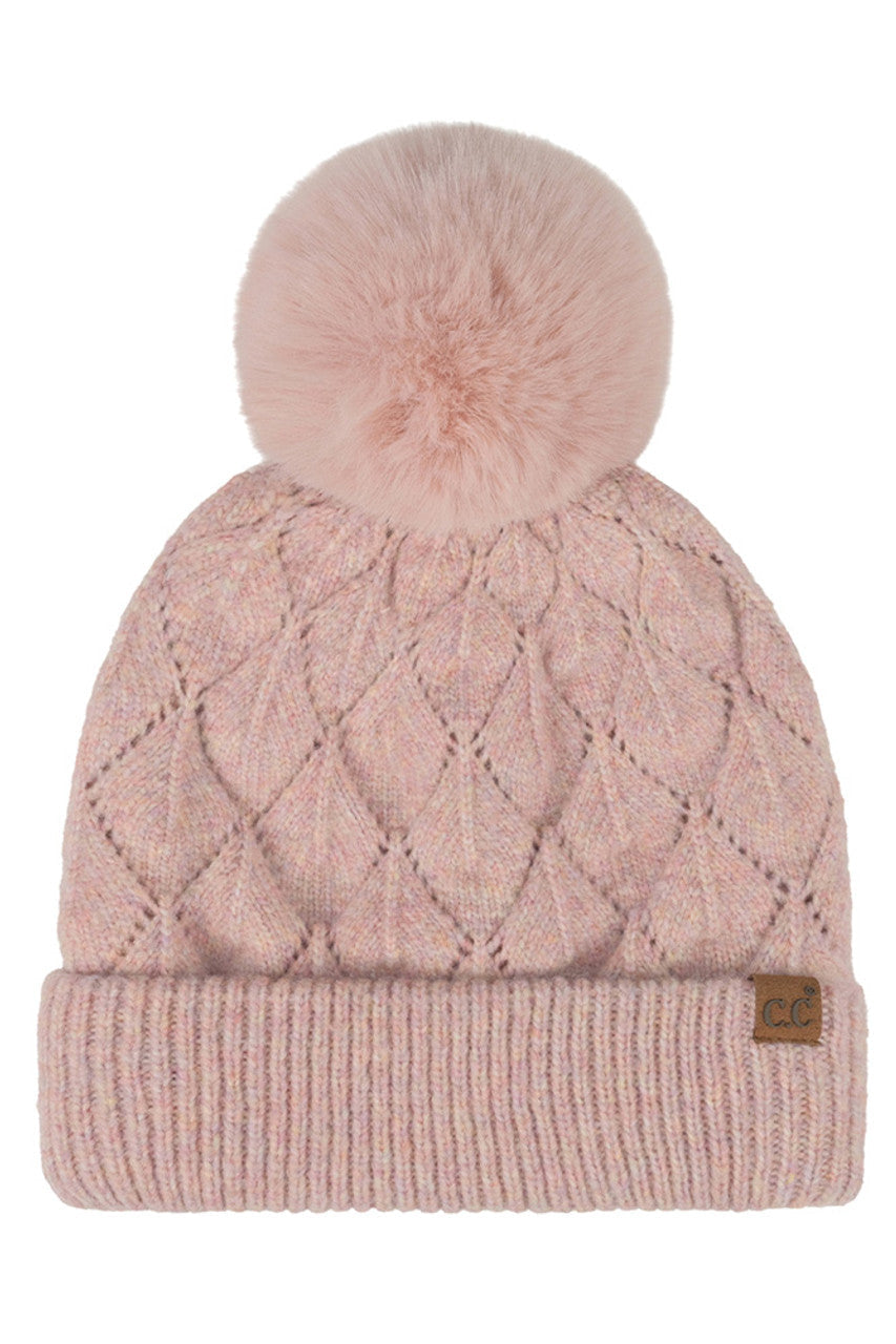 Rose C.C Leaf Pattern Faux Fur Pom Solid Beanie