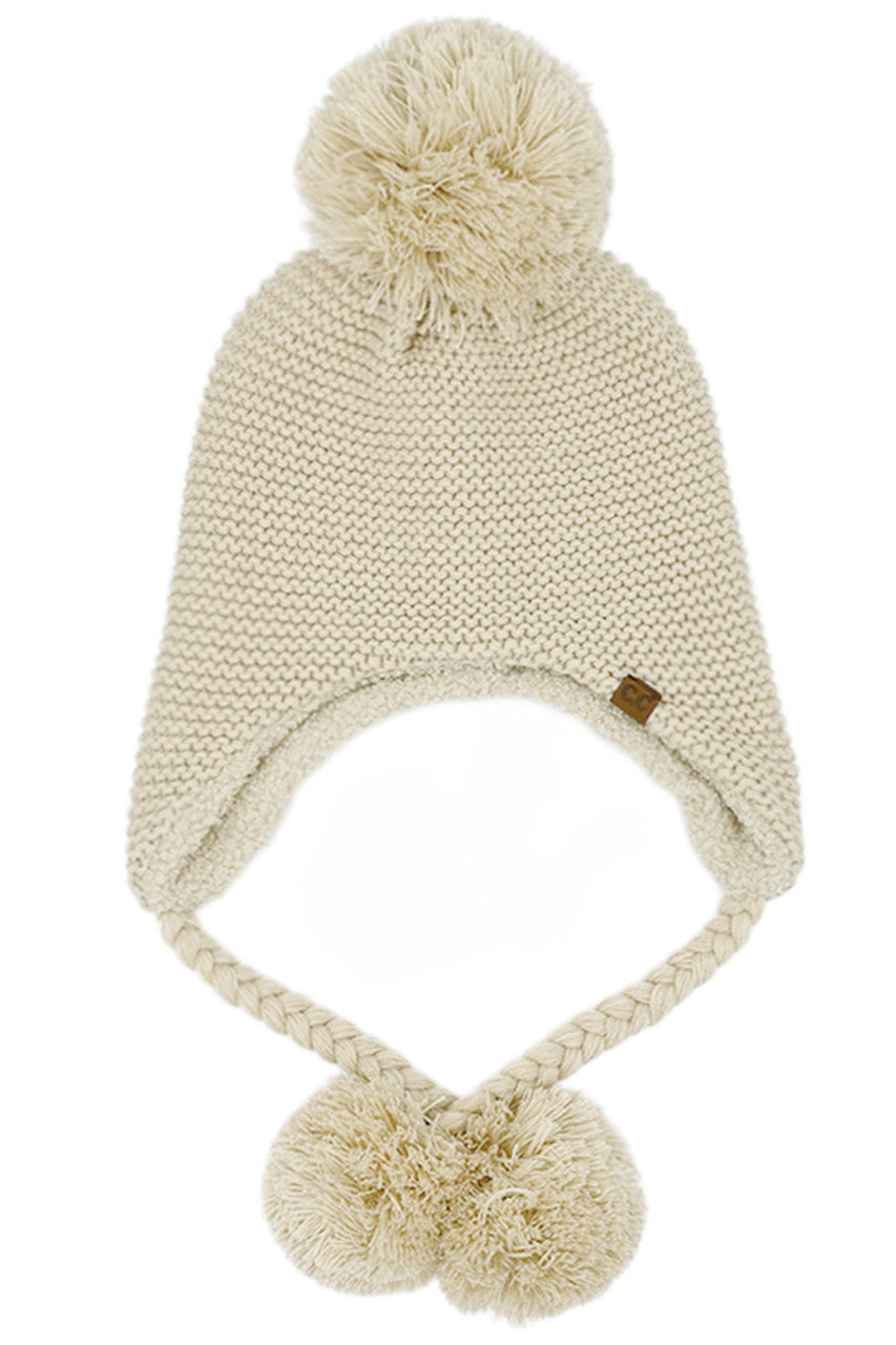 Beige C.C Knitted Trapper with Yarn Pom Beanie