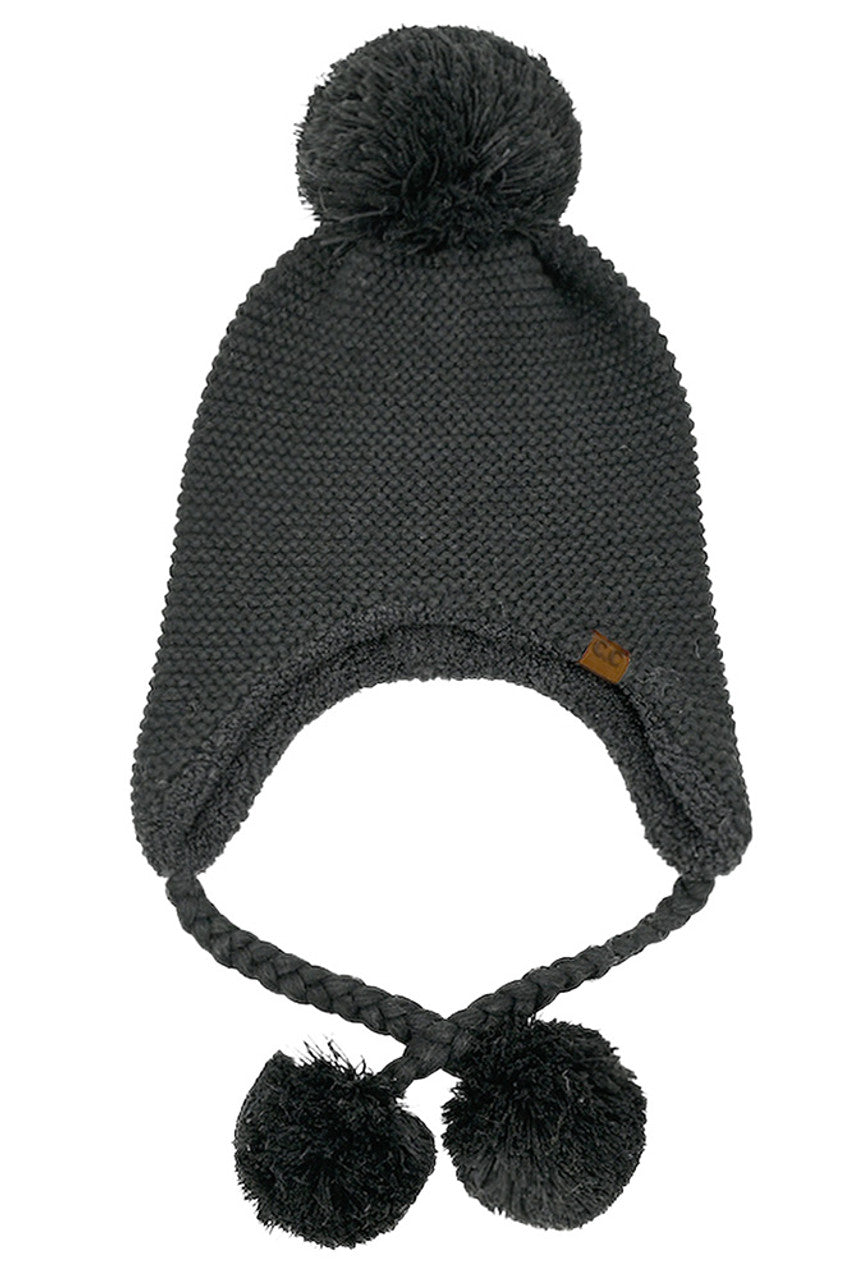 Black C.C Knitted Trapper with Yarn Pom Beanie