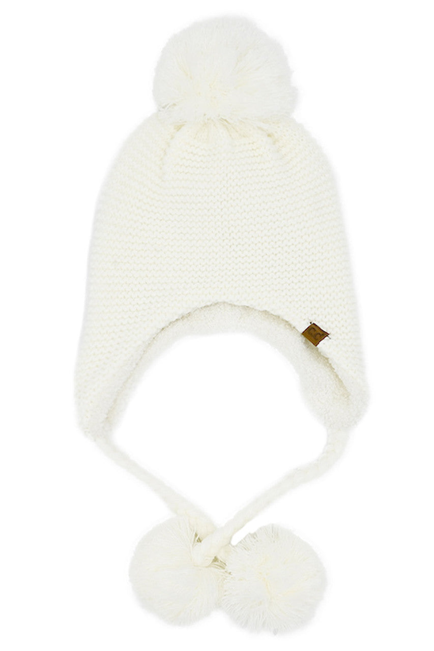 Ivory C.C Knitted Trapper with Yarn Pom Beanie