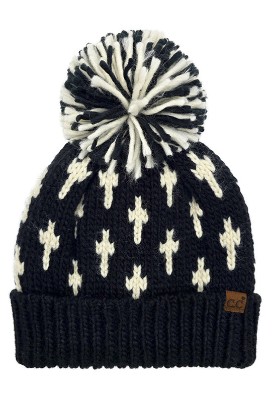 Black C.C Cross Pattern All Over Yarn Big Pom Beanie