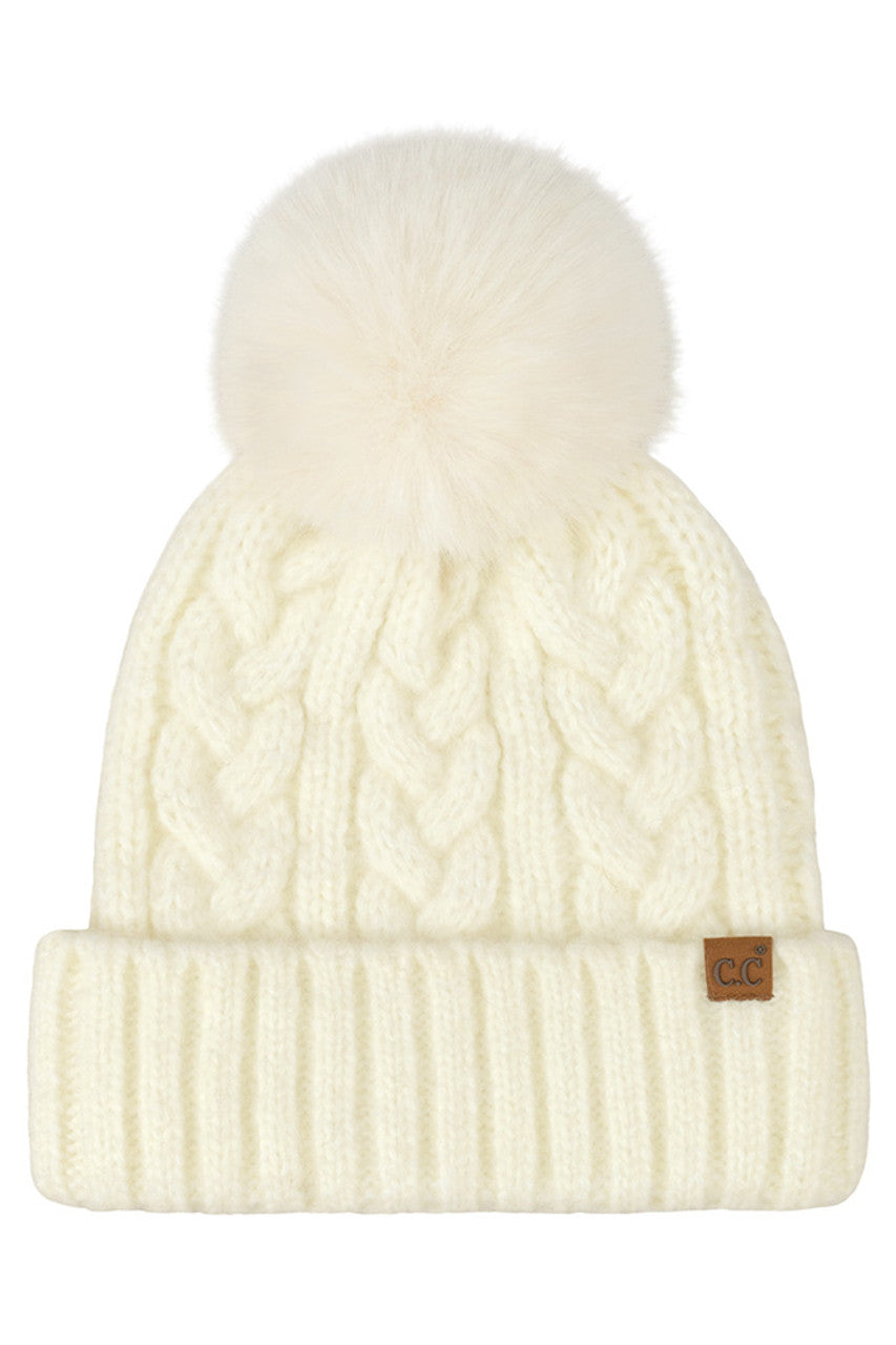 Ivory C.C Heather Cable with Satin Lining Pom Beanie