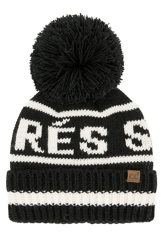 Black C.C APRES SKI Lettering Yarn Pom Beanie