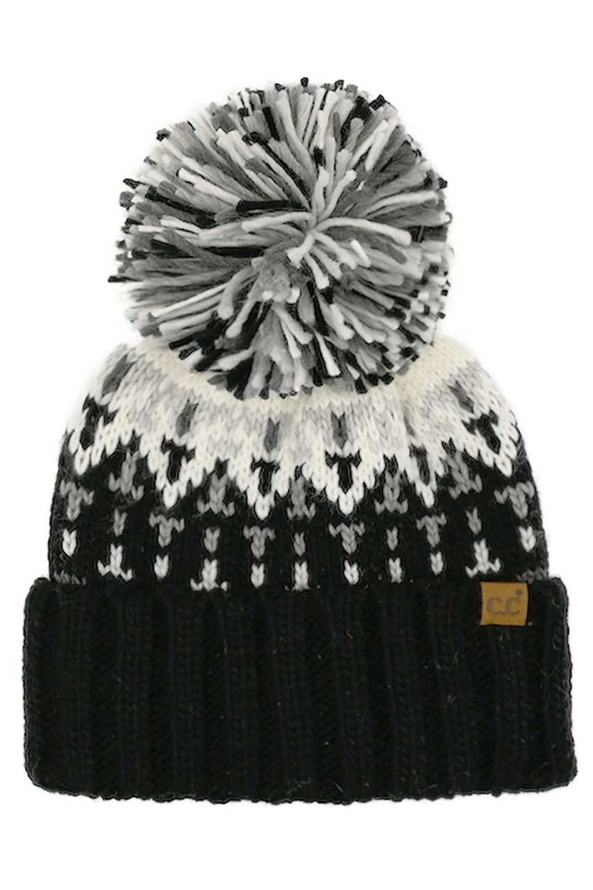 Black C.C Geometric Pattern Multi Color Yarn Pom Beanie