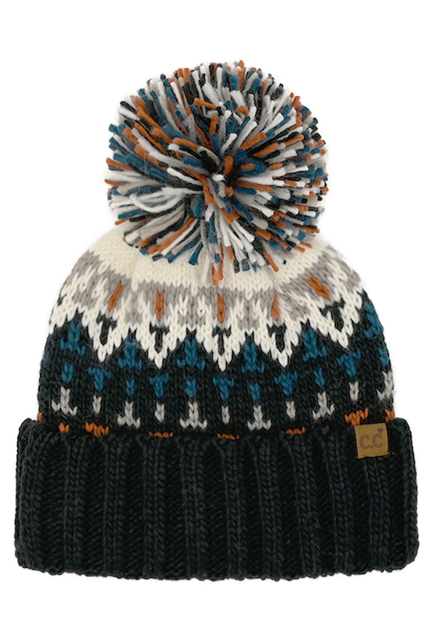 Navy C.C Geometric Pattern Multi Color Yarn Pom Beanie