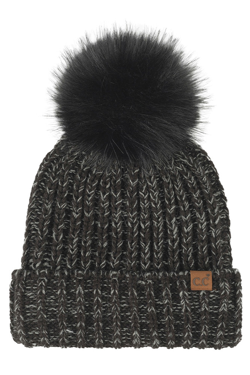 Black C.C Two Tone Heather Faux Fur Pom Cuff Beanie