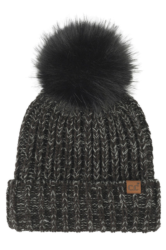 Black C.C Two Tone Heather Faux Fur Pom Cuff Beanie