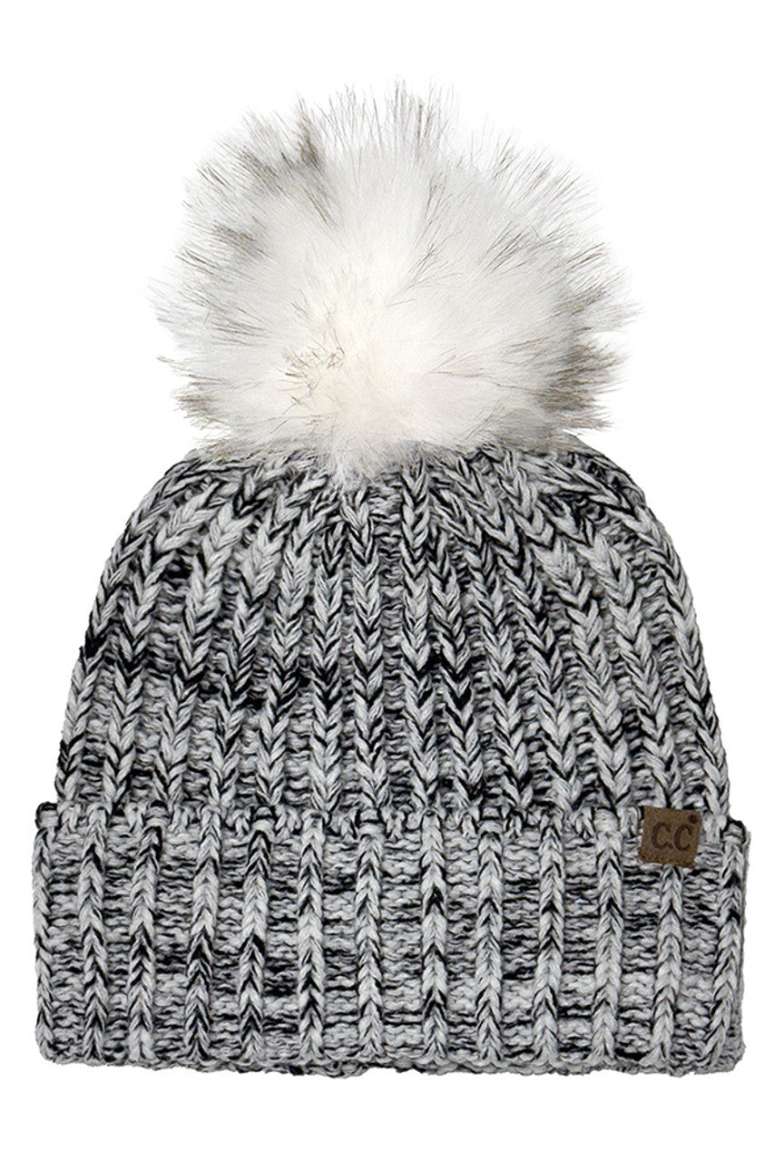 Ivory C.C Two Tone Heather Faux Fur Pom Cuff Beanie