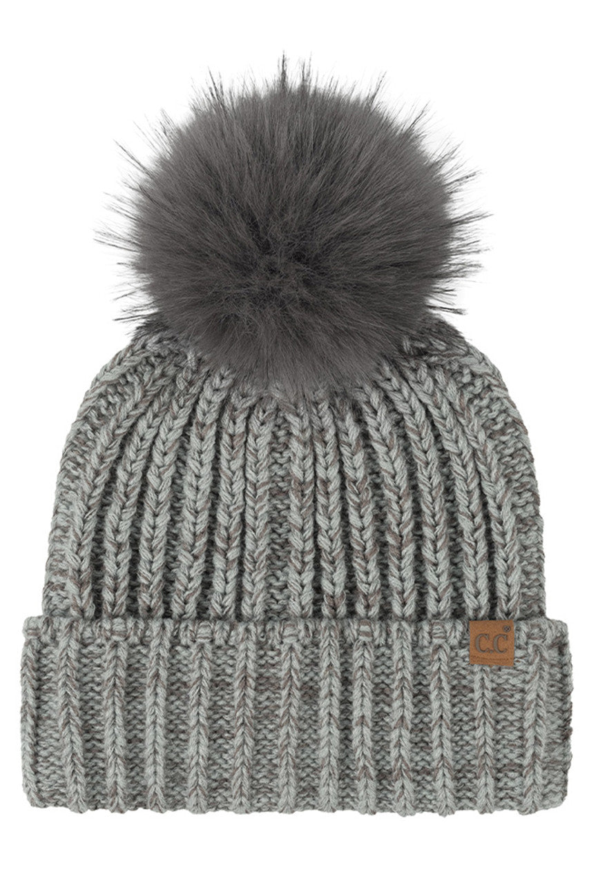 Mint C.C Two Tone Heather Faux Fur Pom Cuff Beanie