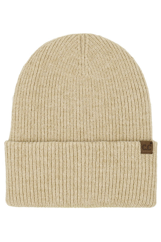 Beige C.C Solid Long Folded Cuff Beanie