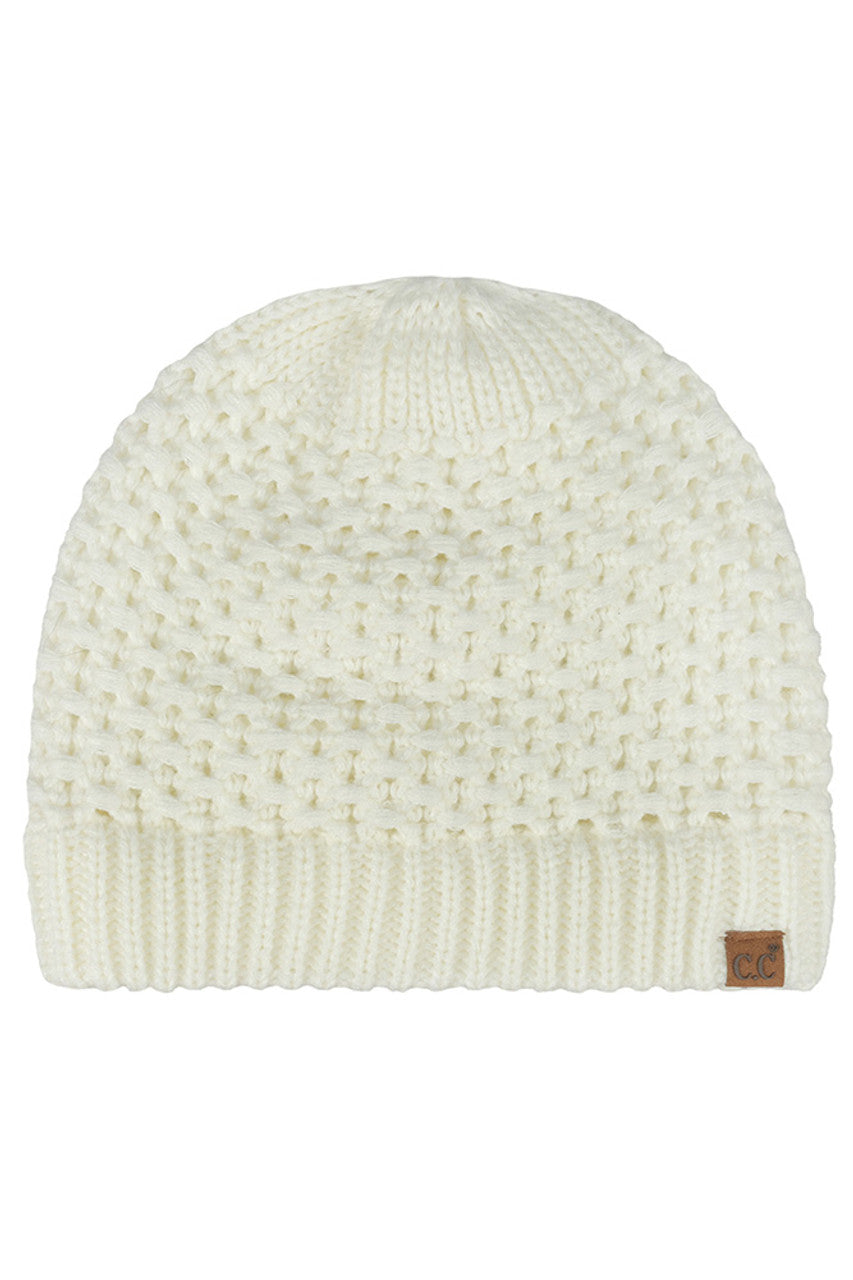 Ivory C.C Cross Cell Stitch Knit Satin Lining Beanie