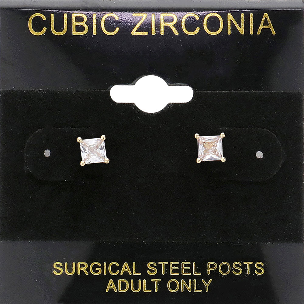 Clear, Gold 4mm CZ Square Stud Earrings