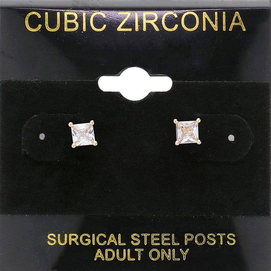 Clear, Gold 4mm CZ Square Stud Earrings