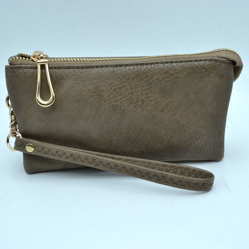 Minimalist Wristlet Clutch Bag with Metallic Zipper - Khaki - Clutch Bags