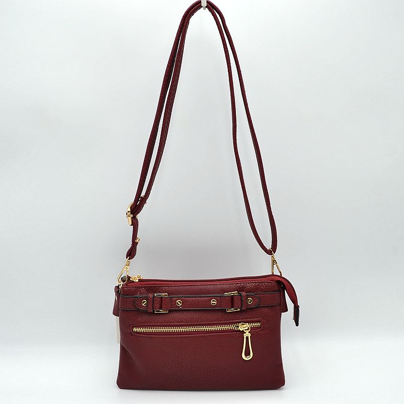 Multi-Zipper Crossbody Bag with Adjustable Strap and Gold Hardware - Burgundy - Crossbody Bags