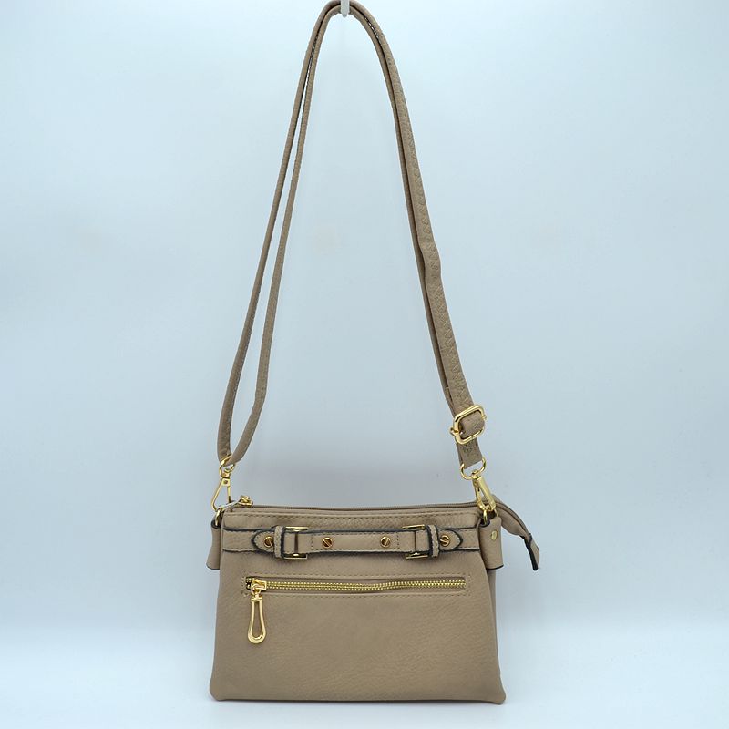 Multi-Zipper Crossbody Bag with Adjustable Strap and Gold Hardware - Beige - Crossbody Bags