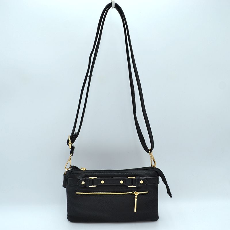 Multi-Zipper Crossbody Bag with Adjustable Strap and Gold Hardware - Black - Crossbody Bags
