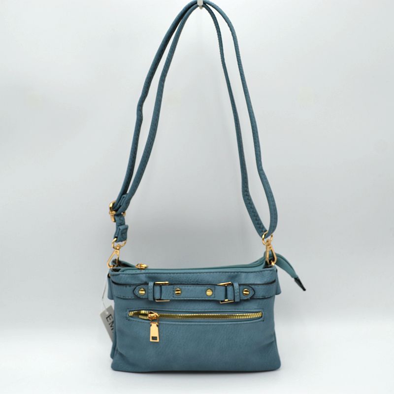 Multi-Zipper Crossbody Bag with Adjustable Strap and Gold Hardware - Blue - Crossbody Bags