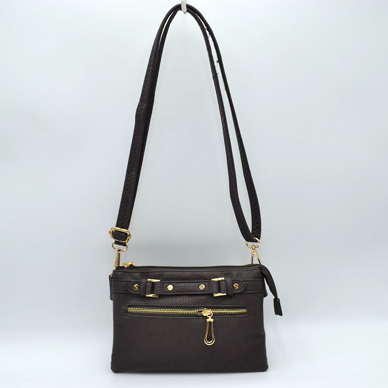 Multi-Zipper Crossbody Bag with Adjustable Strap and Gold Hardware - Coffee - Crossbody Bags