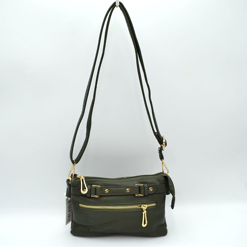 Multi-Zipper Crossbody Bag with Adjustable Strap and Gold Hardware - Dark Green - Crossbody Bags