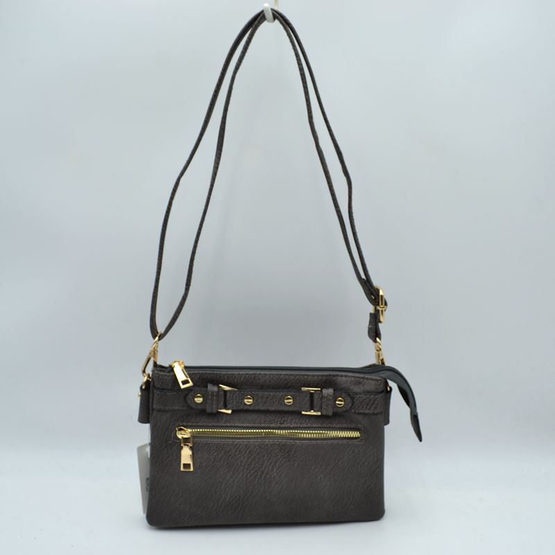 Multi-Zipper Crossbody Bag with Adjustable Strap and Gold Hardware - Dark Gray - Crossbody Bags