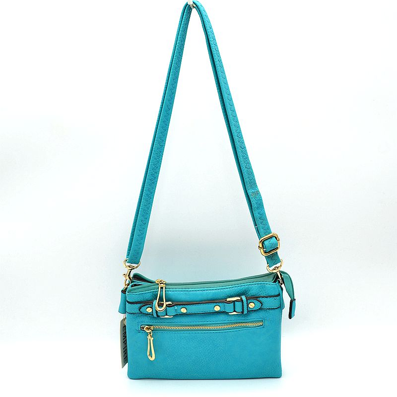 Multi-Zipper Crossbody Bag with Adjustable Strap and Gold Hardware - Light Blue - Crossbody Bags