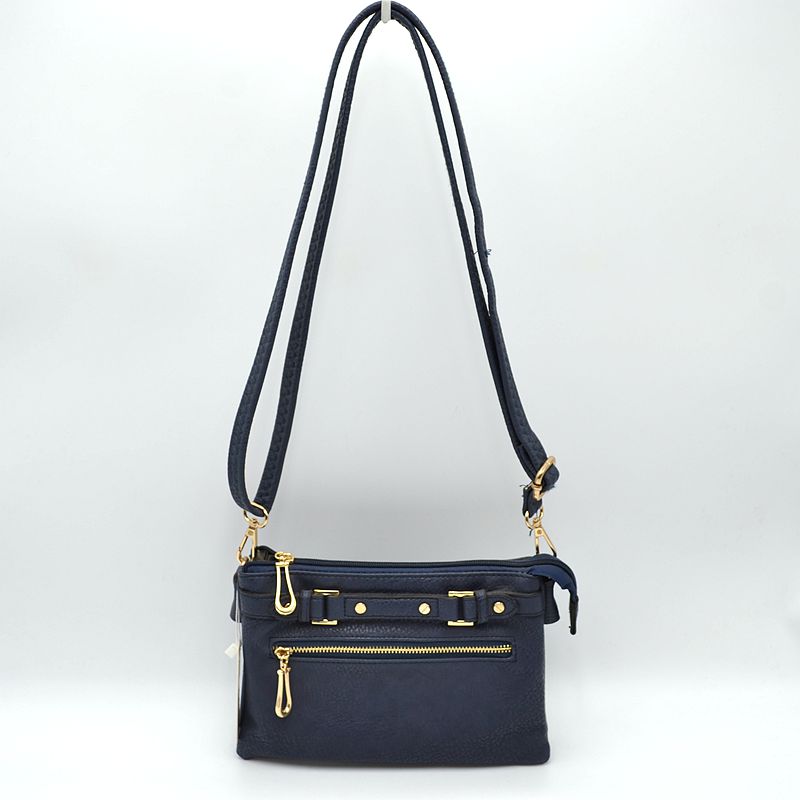 Multi-Zipper Crossbody Bag with Adjustable Strap and Gold Hardware - Navy Blue - Crossbody Bags