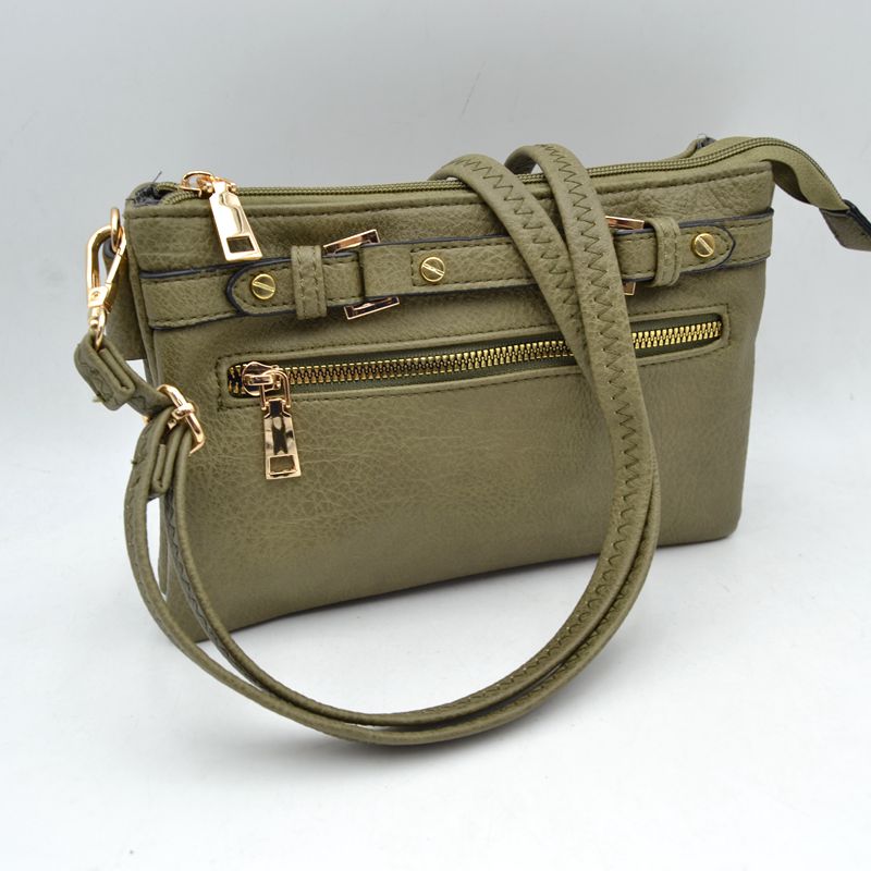Multi-Zipper Crossbody Bag with Adjustable Strap and Gold Hardware - Olive - Crossbody Bags