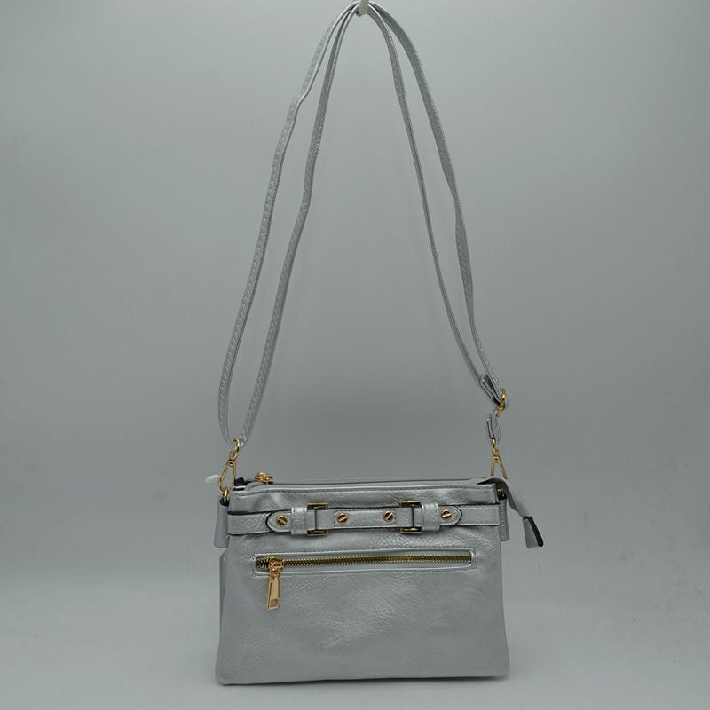 Multi-Zipper Crossbody Bag with Adjustable Strap and Gold Hardware - Silver - Crossbody Bags