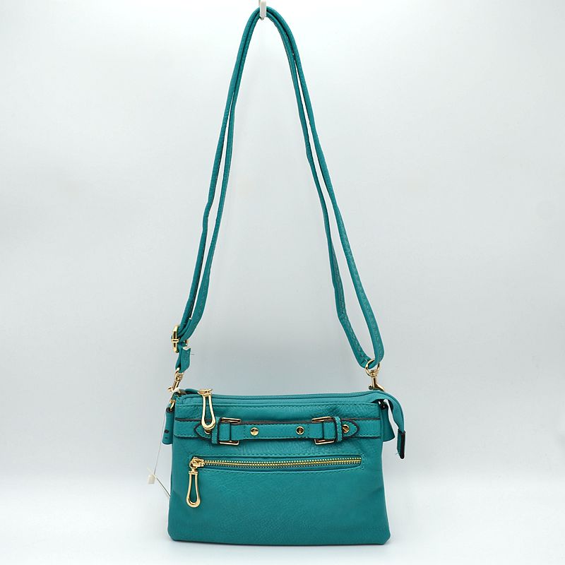 Multi-Zipper Crossbody Bag with Adjustable Strap and Gold Hardware - Turquoise - Crossbody Bags