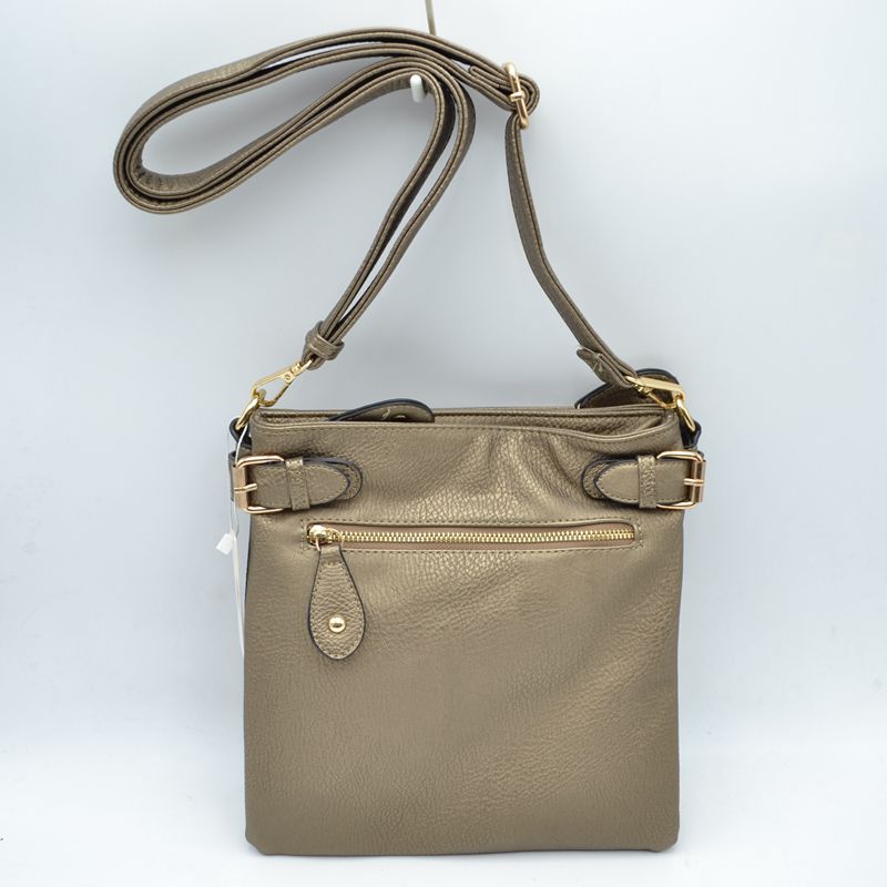 Buckle Accent Crossbody Bag with Front Zipper Pocket - Dusty Silver - Cross Body Bag