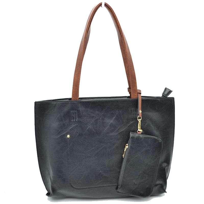 PU Vegan Leather 2 in 1 Tote Crossbody Handbag - Black - Tote Bag