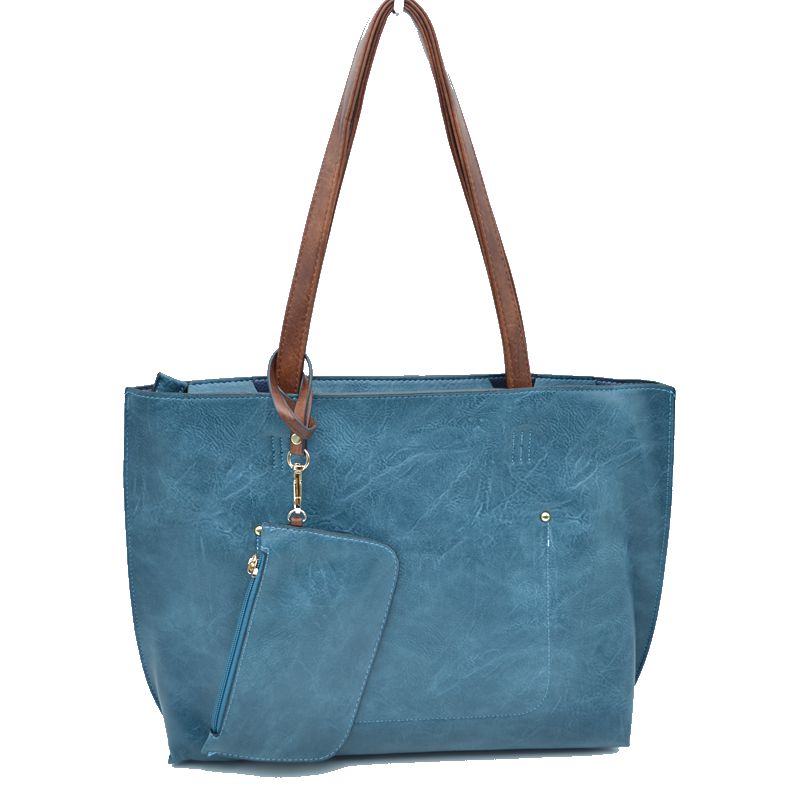 PU Vegan Leather 2 in 1 Tote Crossbody Handbag - Blue/ Brown - Tote Bag