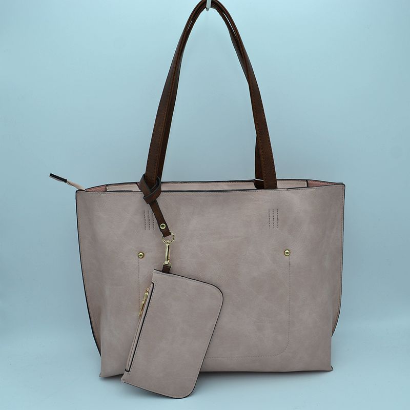 PU Vegan Leather 2 in 1 Tote Crossbody Handbag - Blush/ Brown - Tote Bag