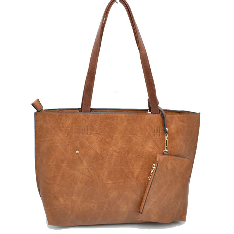 PU Vegan Leather 2 in 1 Tote Crossbody Handbag - Brown - Tote Bag