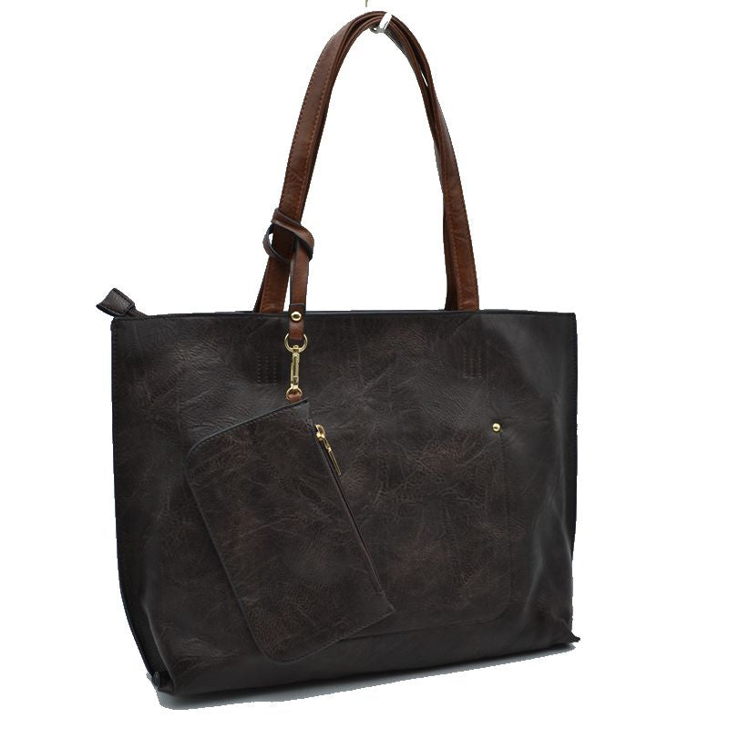 PU Vegan Leather 2 in 1 Tote Crossbody Handbag - Coffee/ Brown - Tote Bag