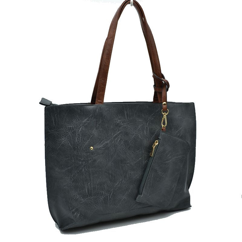 PU Vegan Leather 2 in 1 Tote Crossbody Handbag - Dark Gray/ Brown - Tote Bag