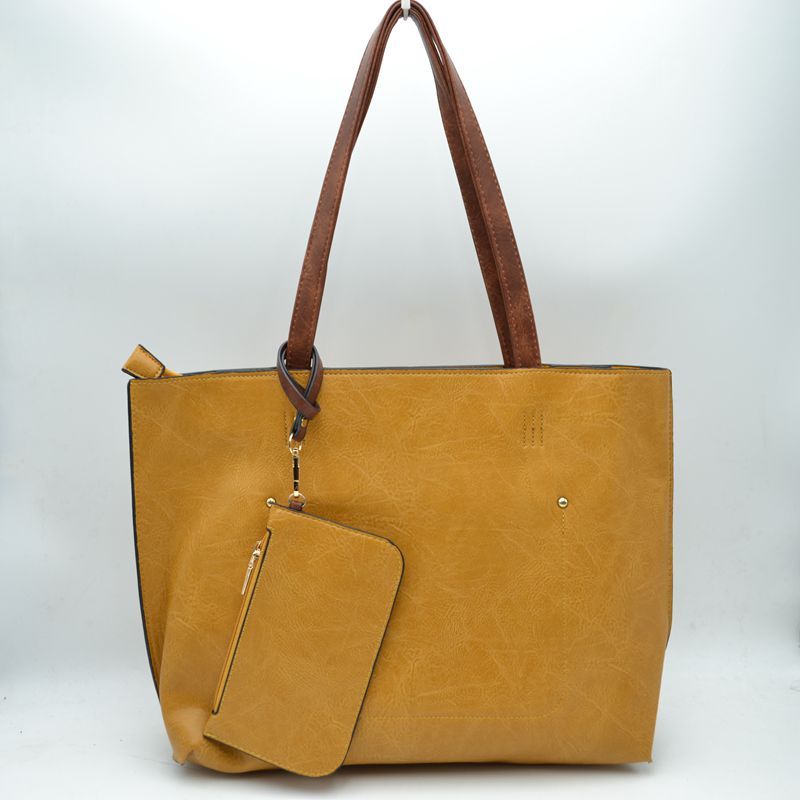 PU Vegan Leather 2 in 1 Tote Crossbody Handbag - Mustard - Tote Bag