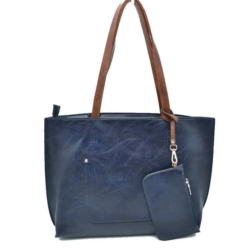 PU Vegan Leather 2 in 1 Tote Crossbody Handbag - Navy/ Brown - Tote Bag